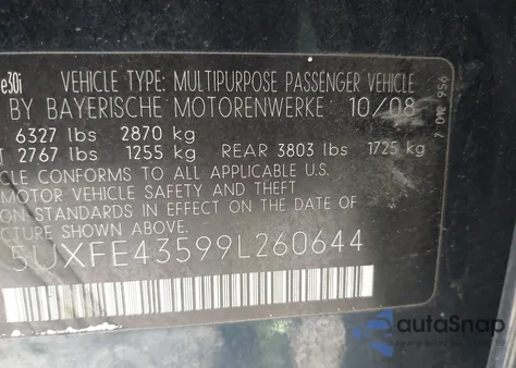 2009 BMW X5 xDrive30I z USA, uszkodzony, nr VIN 5UXFE43599L260644